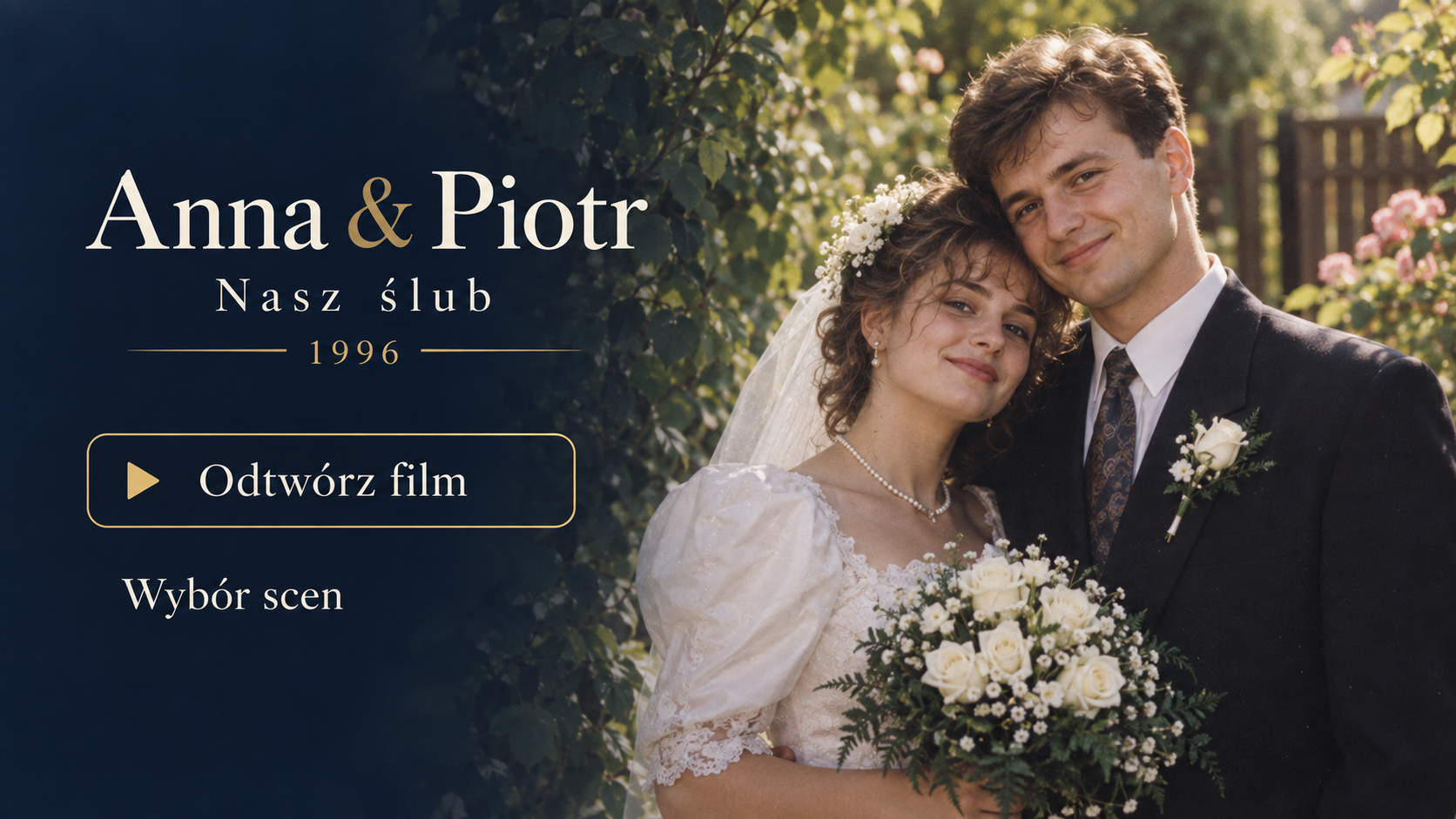Przykładowe menu ślubnego Blu-ray: Anna i Piotr, Nasz ślub, 1996, przyciski Odtwórz film i Wybór scen